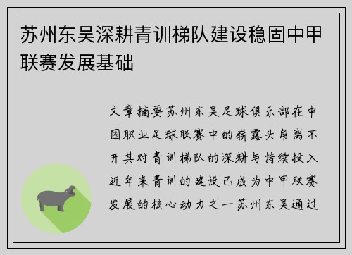 苏州东吴深耕青训梯队建设稳固中甲联赛发展基础
